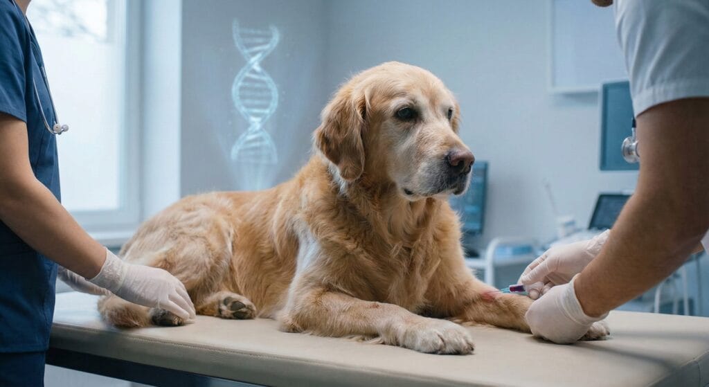 노령견 골든 리트리버가 동물병원에서 액체 생검을 위해 채혈하는 모습
