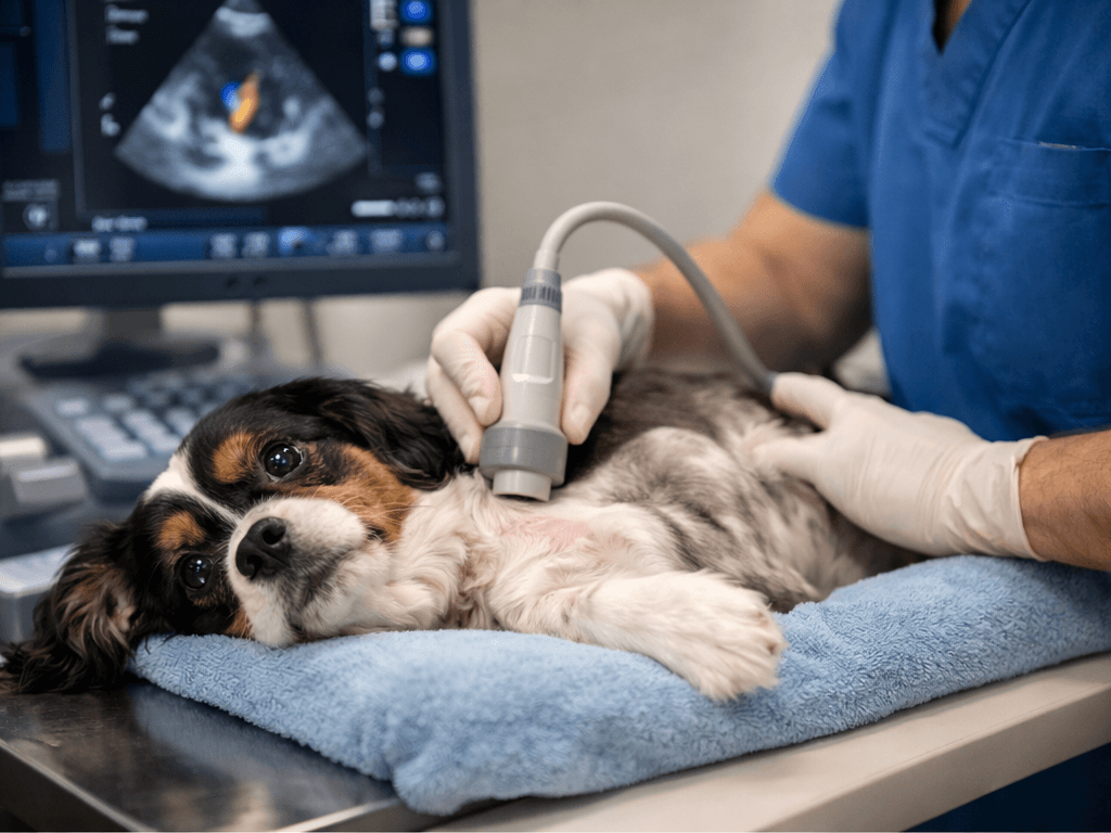 동물병원에서 심장 초음파 검사를 받는 반려견