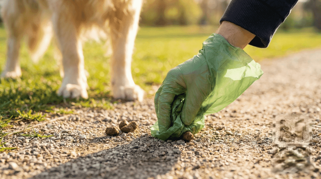 산책로에서 반려견의 배설물을 비닐봉투에 담아 처리하는 견주의 클로즈업 샷. 교육적이고 깔끔한 이미지) 깨끗한 뒷처리는 성숙한 반려 문화를 만드는 첫걸음입니다