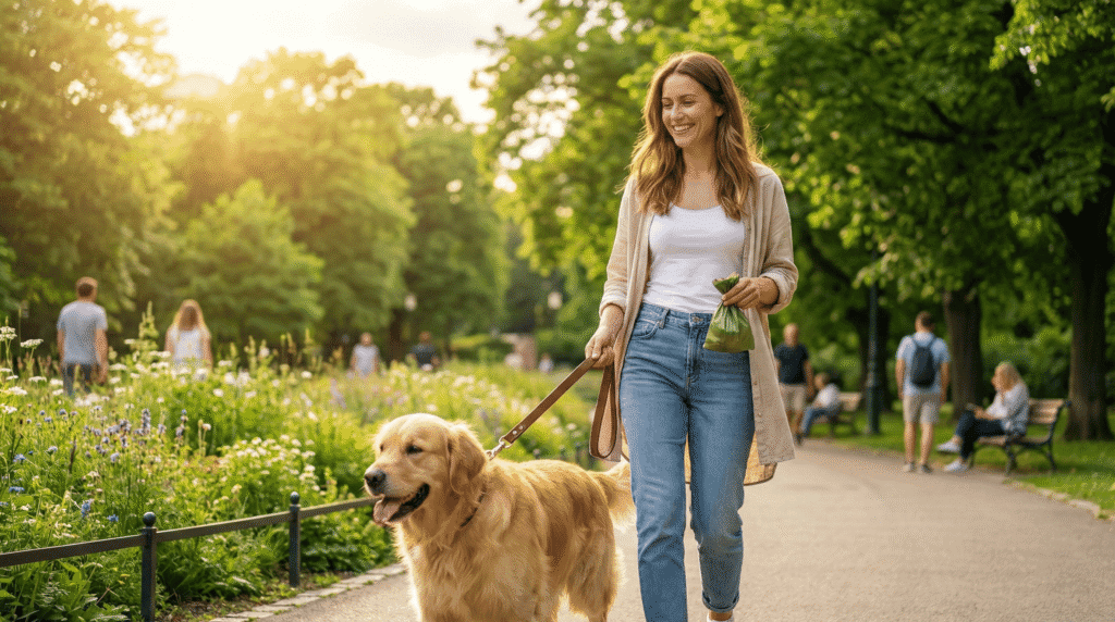 공원에서 책임감 있는 견주가 적절한 길이의 리드줄을 잡고 행복하게 산책하는 모습. 배경은 푸른 나무와 맑은 날씨