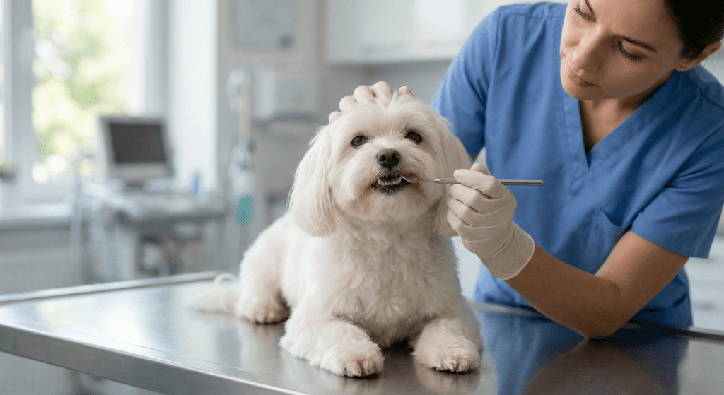 강아지 스케일링 비용 상담을 위해 수의사에게 치아 검진을 받는 몰티즈 반려견의 모습