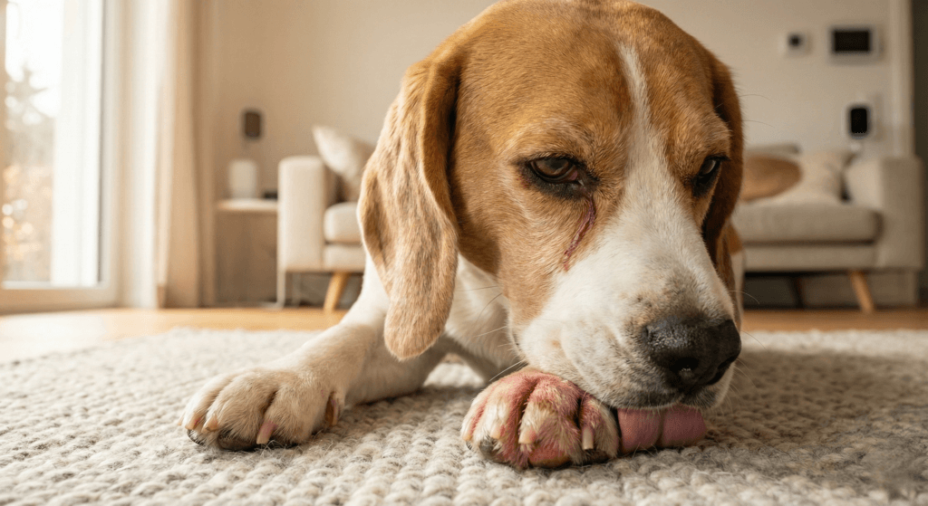 강아지 음식 알레르기 의심되는 눈물 자국과 발 핥는 비글의 모습. 식이 제한 테스트 전.