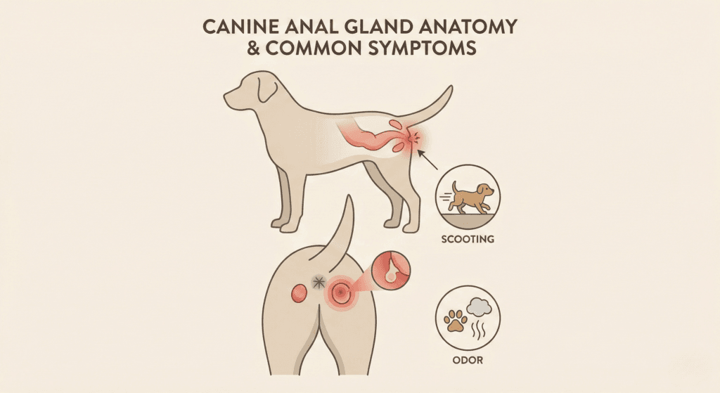 반려견 항문낭염과 파열의 해부학적 설명 및 증상 시각화