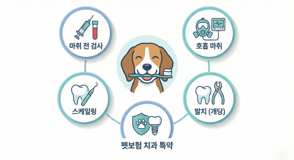 강아지 스케일링 비용 견적표를 안내하는 그래픽, 마취 전 검사부터 발치까지 주요 비용 항목과 펫보험 정보를 포함