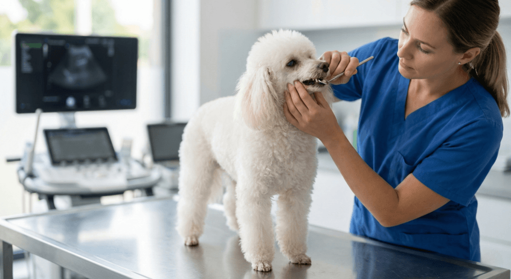 강아지 스케일링 마취 전 수의사가 반려견의 치아 건강을 점검하는 모습, 안전한 치과 치료 준비