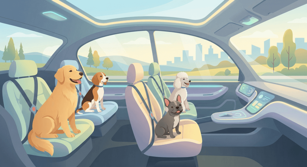 자율주행 펫 버스를 통해 편안하게 여행하는 다양한 반려견 모빌리티 서비스의 미래를 보여주는 이미지