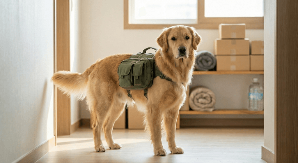 재난 대비를 위해 잘 준비된 반려견 재난 생존 배낭을 멘 골든 리트리버가 침착하게 앉아있는 모습