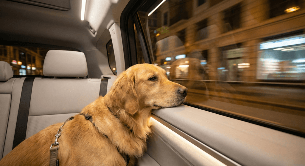 2026년 최신 반려견 모빌리티 서비스를 이용하여 도시를 이동하는 행복한 골든 리트리버 반려견의 모습