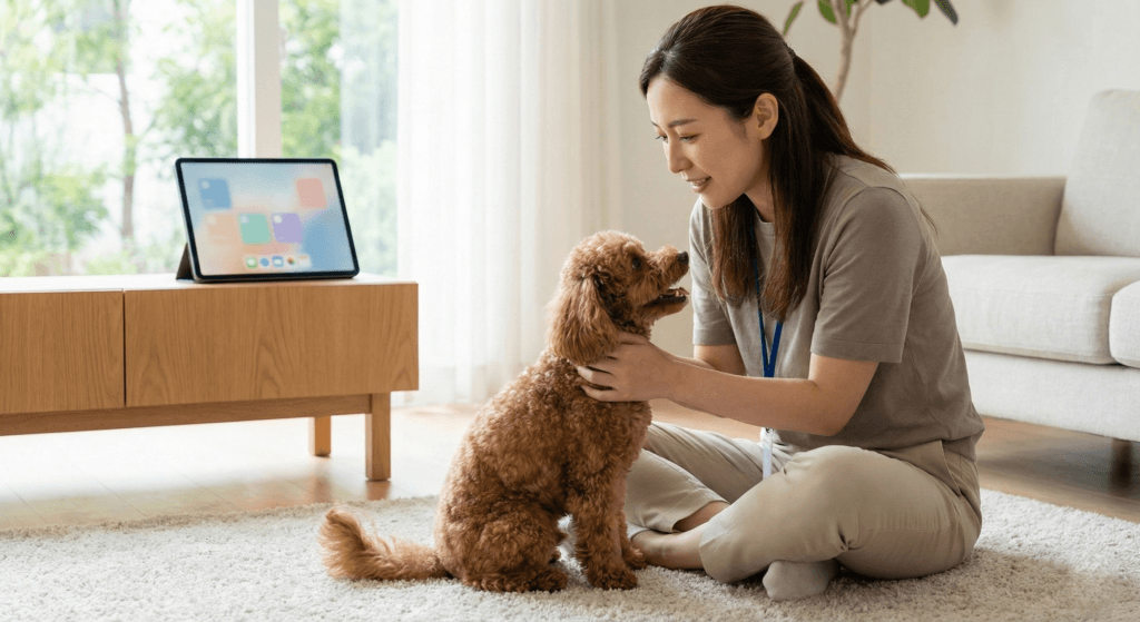 1인 가구를 위한 안전한 반려견 방문 돌봄 안전 서비스를 제공하는 펫시터와 행복한 반려견의 모습