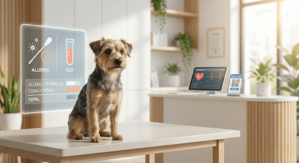 강아지 알러지 검사 비용 비교를 위한, 건강하고 행복한 반려견의 모습과 함께 알레르기 검사 장비가 비치는 이미지