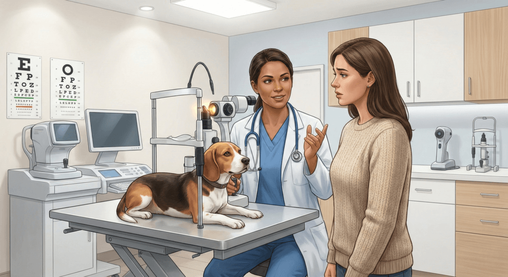 강아지 백내장 수술 비용 상담 중 수의사가 전문 장비로 반려견의 눈을 검사하는 모습