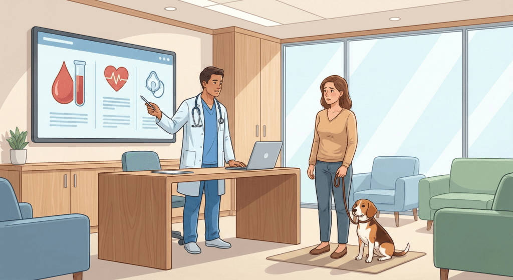 안전한 강아지 스케일링 마취를 위한 필수 검사 결과를 설명하는 수의사와 반려견 보호자