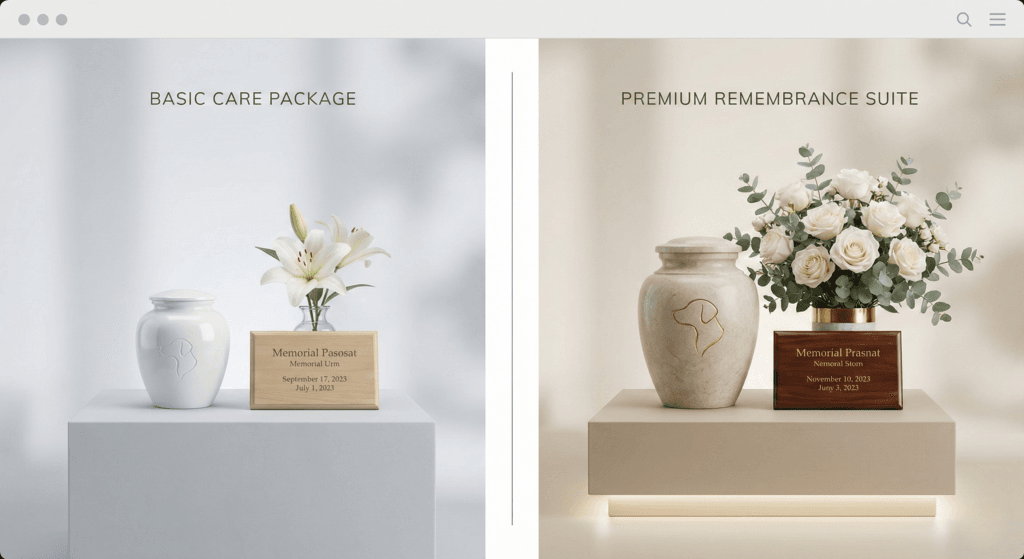 반려견 장례 비용 절감을 위한 기본형과 고급형 패키지를 비교하는 일러스트. 2026년 기준, 반려견 화장 및 추모 상품 선택 가이드.