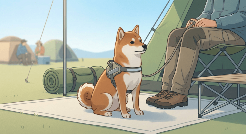 안전하게 목줄을 착용하고 펫 캠핑장 에티켓을 지키는 반려견의 모습. 반려견 차박 캠핑 시 진드기 예방과 안전 수칙