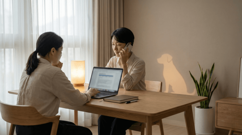 강아지 죽으면, 보호자가 차분하게 반려동물 사후 처리 과정을 알아보며 다음 단계를 준비하는 모습. 신중한 계획과 정보를 통한 대처.