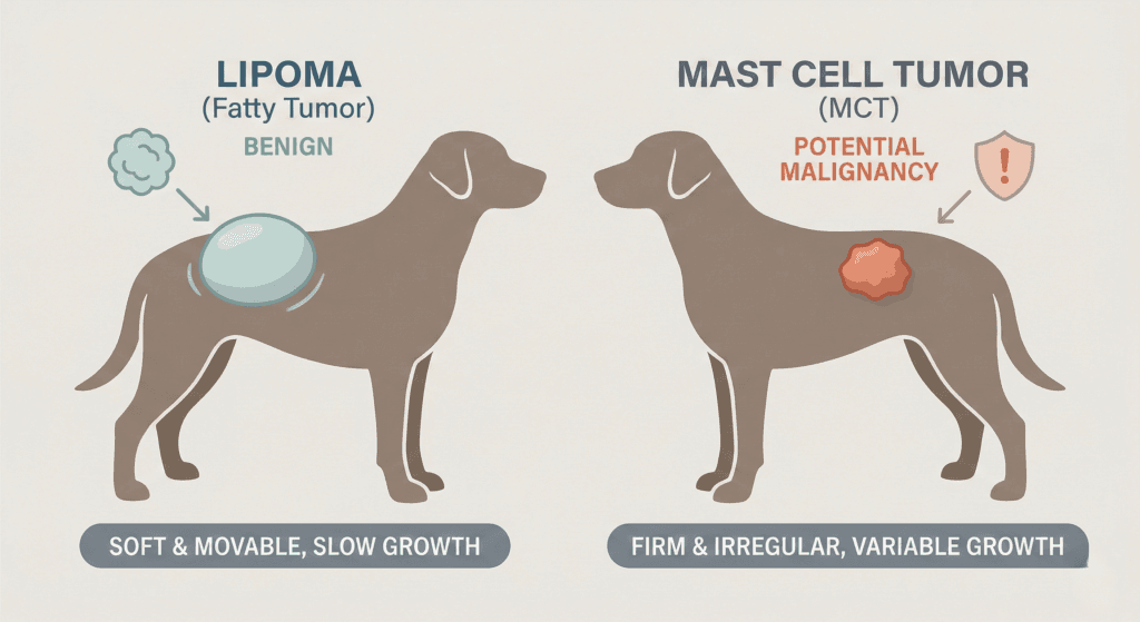 반려견 지방종과 비만세포종(MCT) 비교: 혹의 말랑함과 딱딱함에 따른 위험도 차이