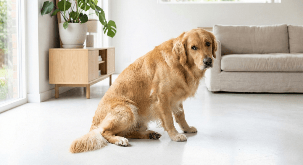 반려견 항문낭염과 파열 증상으로 엉덩이를 끄는 골든 리트리버