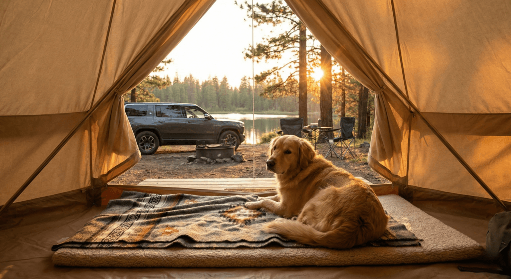 아름다운 자연 속에서 반려견과 함께 차박 캠핑을 즐기는 모습. 2026년 반려견 차박 캠핑 필수 가이드