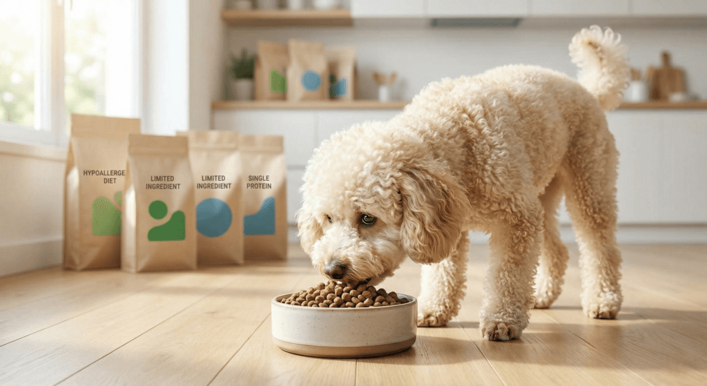 강아지 음식 알레르기 관리를 위한 식이 제한 테스트 중인 푸들이 건강한 모습으로 식사하는 이미지.