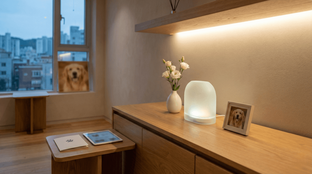 반려견 장례 비용을 상징하는, 평화로운 분위기의 반려동물 추모 공간에 놓인 메모리얼 스톤과 함께 기억되는 행복한 반려견의 모습.