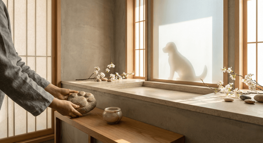 평화로운 반려견 장례 시설의 추모 공간에서 보호자가 반려견을 추억하며 애도하는 모습. 2026년 최신 장례 문화 반영.