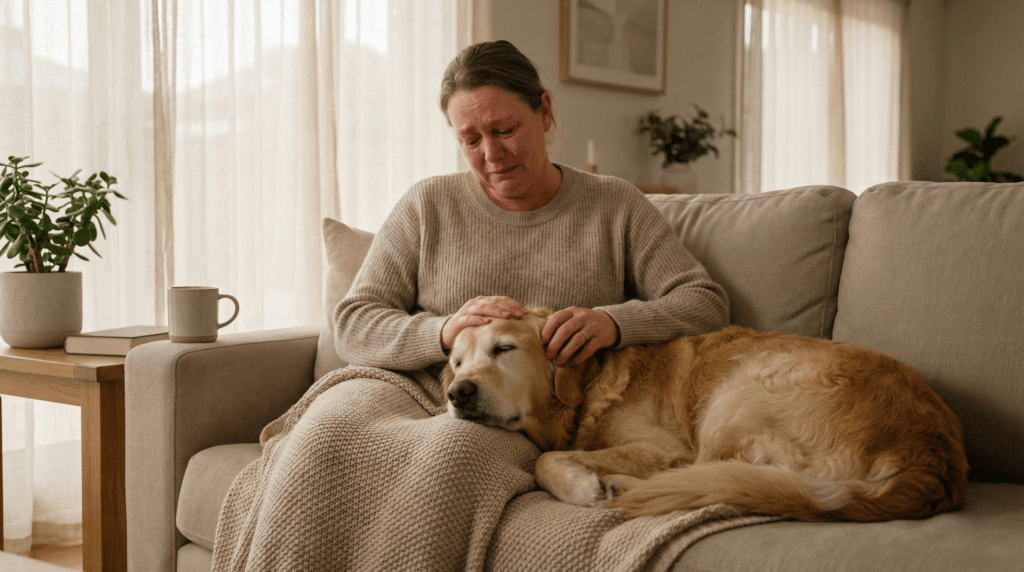 강아지 죽으면, 슬픔에 잠긴 보호자가 반려견을 조심스럽게 감싸 안고 마지막을 준비하는 모습. 차분하고 따뜻한 분위기.