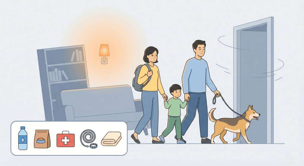 반려견 재난 생존 배낭을 준비한 가족이 강아지와 함께 재난 대피 훈련을 하는 삽화