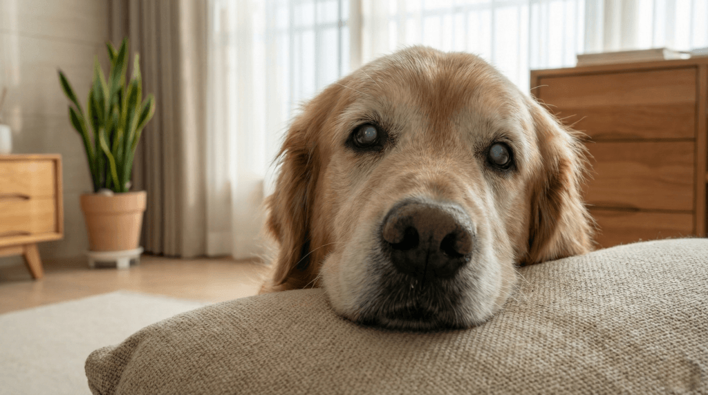 강아지 백내장 초기 증상으로 눈이 살짝 뿌옇게 변한 노령견의 모습