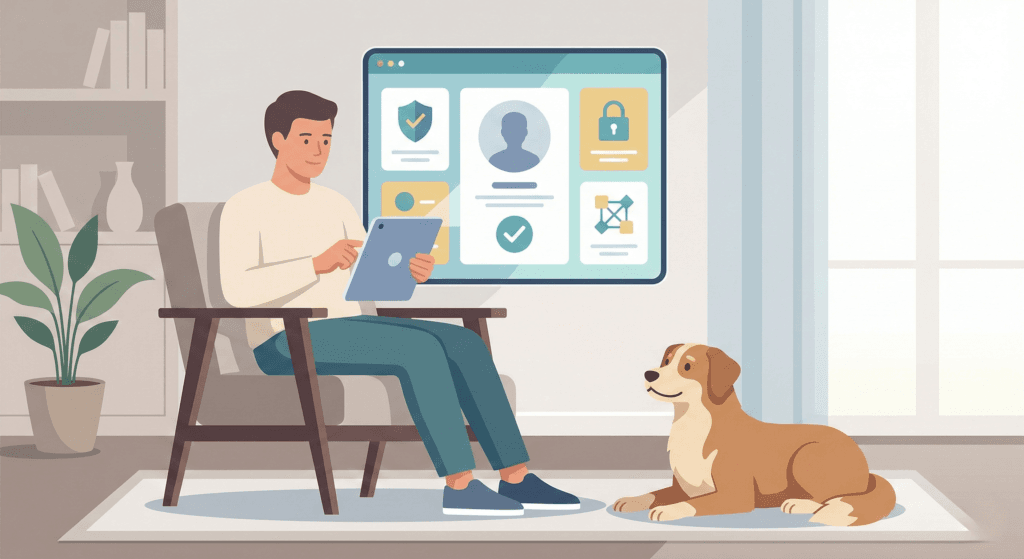 펫시터 신원 보증 정보를 확인하며 반려견 방문 돌봄 안전을 위한 플랫폼을 활용하는 1인 가구