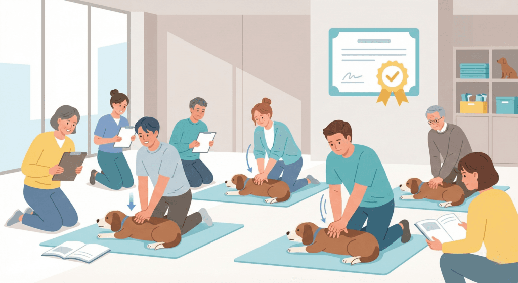 반려견 심폐소생술 자격증 과정에서 보호자들이 교육용 마네킹으로 CPR 기술을 배우는 모습. 2026년 반려동물 응급처치 필수 교육 현장.