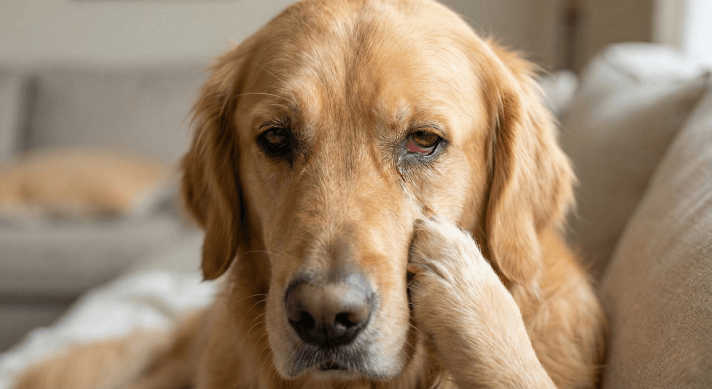 반려견 각막 궤양으로 인한 통증으로 눈을 비비는 골든 리트리버의 모습