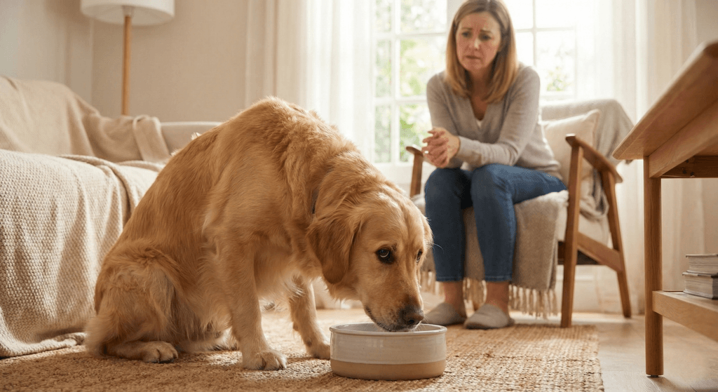 중성화 안 된 암컷 반려견이 기력 없이 물을 많이 마시는 모습, 반려견 자궁축농증의 초기 위급 신호일 수 있습니다.